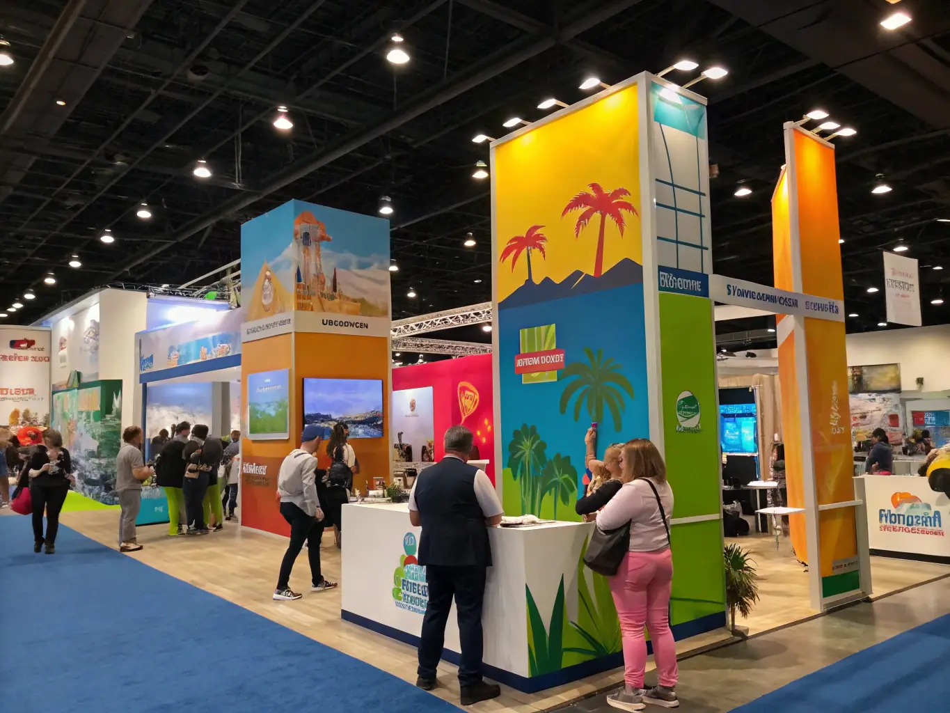 A vibrant image of Iconiq Agency promoters actively engaging with attendees at a bustling trade fair, showcasing their professionalism and ability to draw crowds.