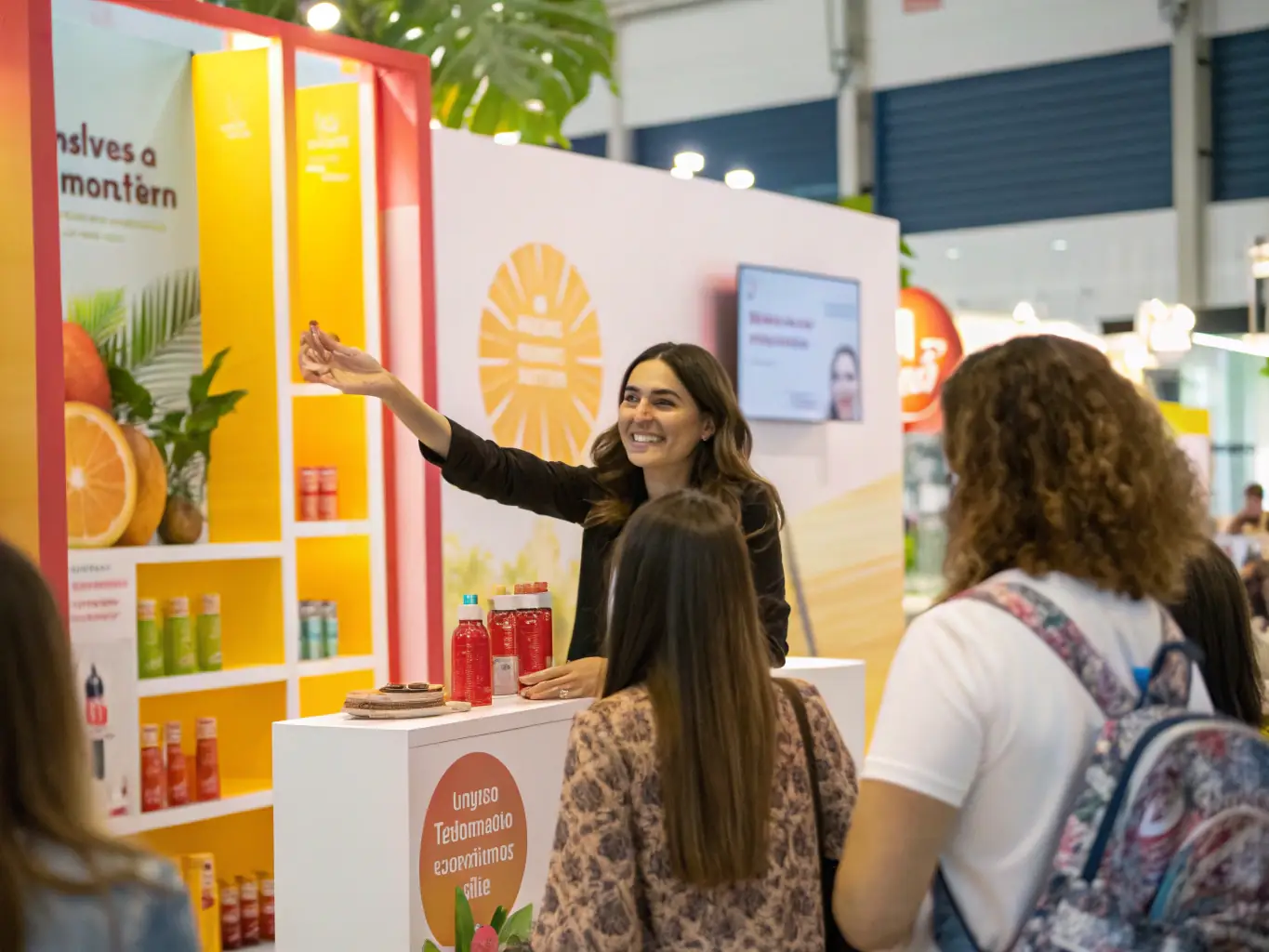 A group of Iconiq Agency promoters actively engaging with attendees at a bustling trade fair booth, demonstrating product features and answering questions with enthusiasm.